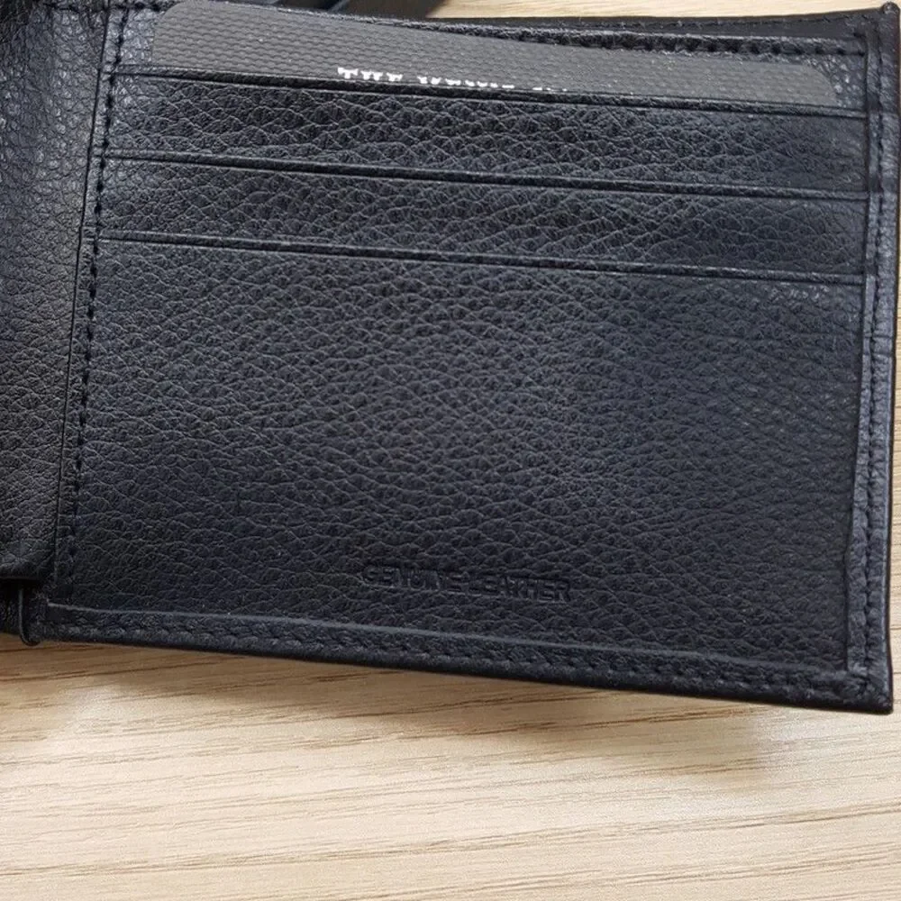 BLOOMINGDALES Mens Solid Black Genuine Leather Wallet Bifold Center Line